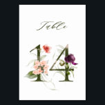 Numéro De Table Élégante florale botanique numéro 14,<br><div class="desc">Cette carte de numéro de table comporte un numéro vert décoré avec des illustrations d'aquarelle de fleurs et de feuilles en pêche, rose rousse, rouge, violet et vert. Ce numéro de table est parfait pour les mariages, diplômes, baby showers, douches nuptiales, anniversaires et autres événements. Tableau 14. Veuillez vérifier tous...</div>