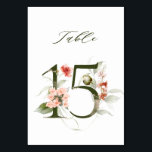 Numéro De Table Élégante florale botanique numéro 15,<br><div class="desc">Cette carte de numéro de table comporte un numéro vert décoré avec des illustrations d'aquarelle de fleurs et de feuilles en pêche, rose rousse, rouge, terre cuite et vert. Ce numéro de table est parfait pour les mariages, diplômes, baby showers, douches nuptiales, anniversaires et autres événements. Tableau 15. Veuillez vérifier...</div>