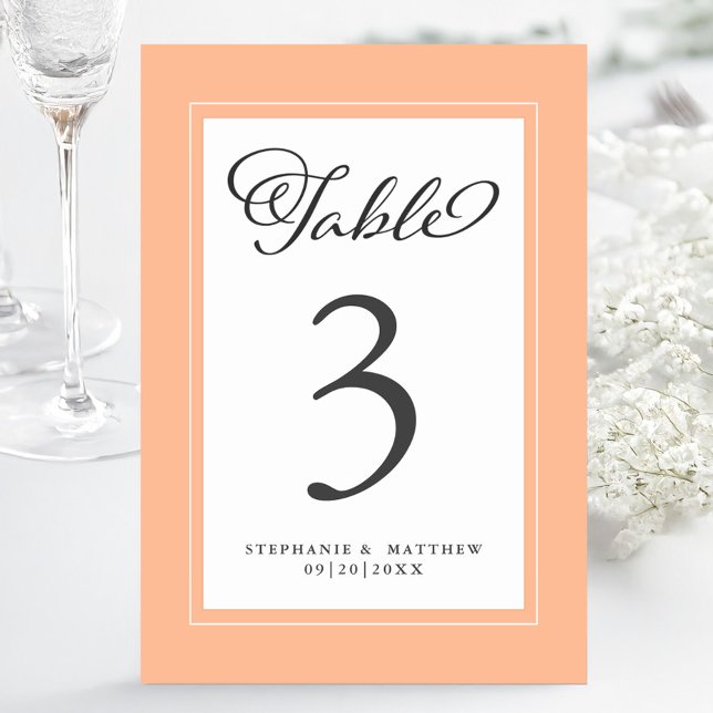 Numéro De Table Elégante Pêche & Réception Mariage Blanc Personnal (Elegant Peach & White Wedding Reception Custom Table Number)