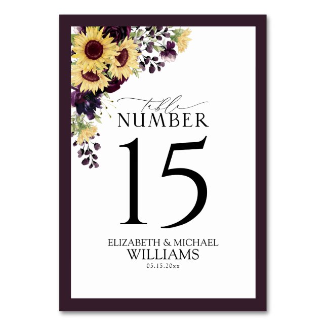 Numéro De Table Elégante Plum Purple Sunflower Aquarelle Réception (Par défaut)