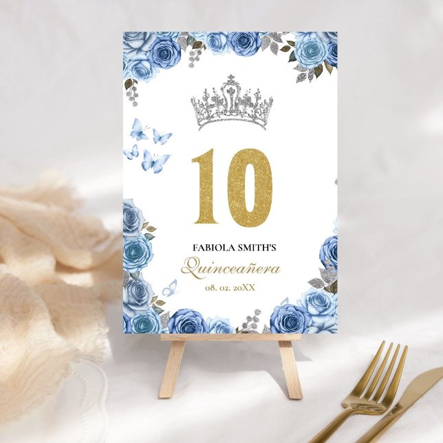 Numéro De Table Elégante quinceanera bleu et or poussiéreux (Créateur téléchargé)