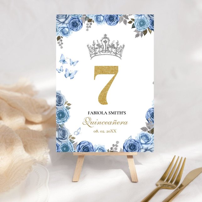 Numéro De Table Elégante quinceanera bleu et or poussiéreux (Créateur téléchargé)
