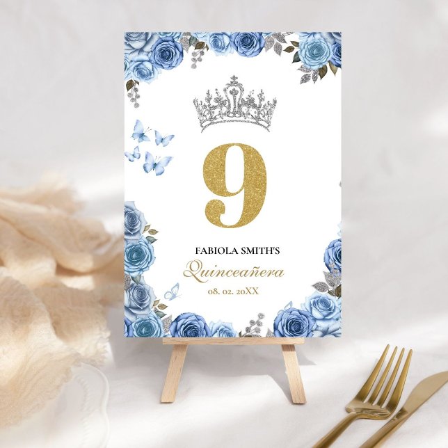Numéro De Table Elégante quinceanera bleu et or poussiéreux (Créateur téléchargé)