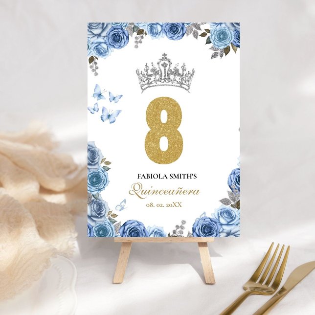 Numéro De Table Elégante quinceanera bleu et or poussiéreux (Créateur téléchargé)