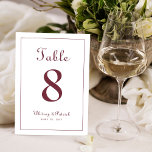 Numéro De Table Elégante Réception de mariage en Bourgogne Table F<br><div class="desc">Mariage Table Numéro événement design signe de fête avec une élégance classique avec bordeaux contemporain sur un arrière - plan blanc immaculé. Personnalisez la conception de table mariage avec votre nom, date mariage et numéro de table dans les lettres et le script tendance. Le dos de la carte est un...</div>