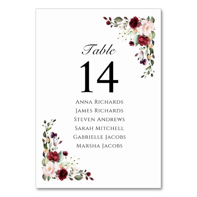 Numéro De Table Elégante Réception De Mariage Floral Bourgogne (Par défaut)