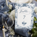 Numéro De Table Élégante toile Florale Bleue Française Gravée<br><div class="desc">Elégant et orné vintage bleu et blanc toile de jouy arrière - plan motif avec fleurs exotiques, vignes et feuillage entrelacés de guirlandes et paniers de roses avec étiquette sculpté sur mesure, élégant script graphique, bouquet floral et champ de texte modifiable pour votre numéro de table. Magasinez les produits correspondants...</div>