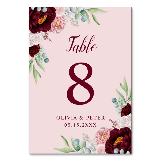 Numéro De Table Elégantes fleurs d'aquarelle rose marsala bordeaux (Par défaut)