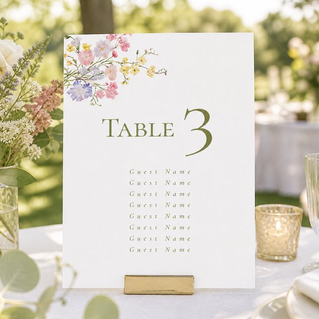 Numéro De Table Élégantes Fleurs Sauvages Écriture Mariage Vert (Elegant Wildflowers Green Script Wedding Table Number)