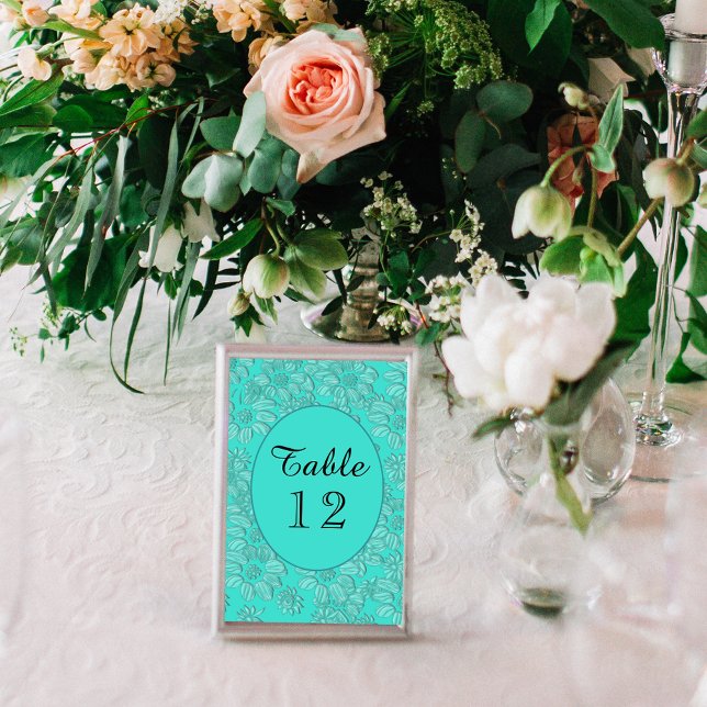 Numéro De Table Élégantes marguerites Mariage Turquoise Table No 3 (Elegant Daisies Turquoise Wedding Table No 3x5 Table Number)