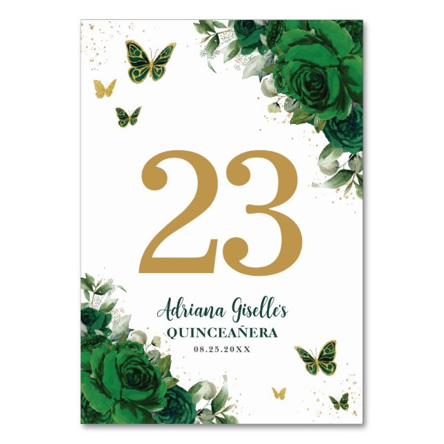 Numéro De Table Élégantes papillons dorés à fleurs vert émeraude  (Par défaut)