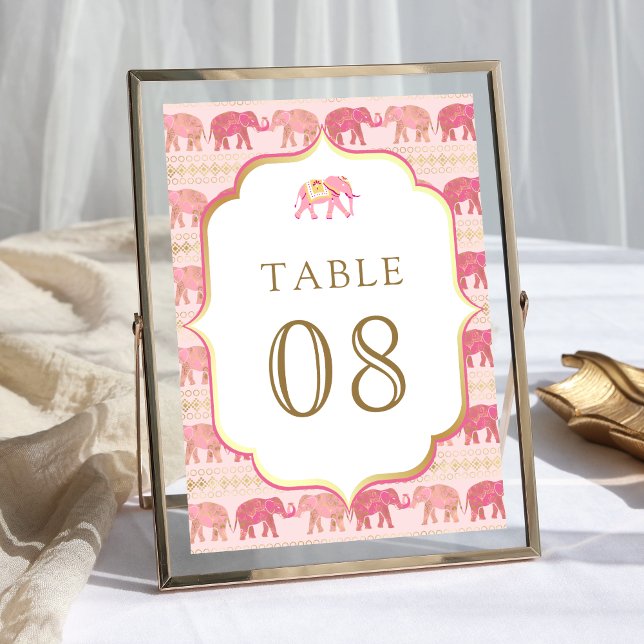 Numéro De Table Élément indien de mariage à l'éléphant rose et or (Créateur téléchargé)