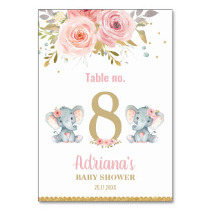 Numéro De Table Eléphant Twins Filles Baby shower rose Floral
