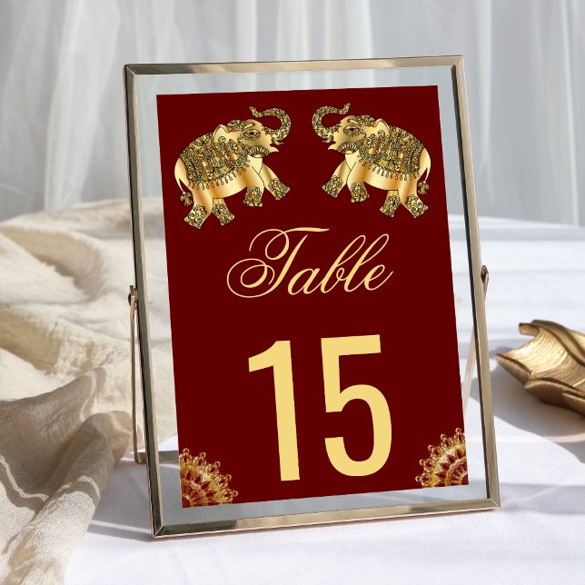 Numéro De Table Éléphants ethniques or rouge Mariage indien (Créateur téléchargé)