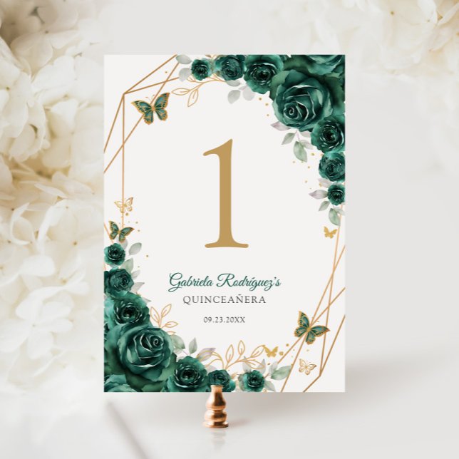 Numéro De Table Emerald Gold Floral Quinceanera (Créateur téléchargé)