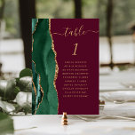 Numéro De Table Emerald Green Gold Agate Mariage Bourgogne<br><div class="desc">Le bord gauche de cette élégante carte de numéro de table mariage moderne comporte une bordure en aquarelle vert émeraude, ornée d'une parties scintillant en faux or. Le mot "table" apparaît dans un script d'écriture manuscrite de couleur or sur un arrière - plan bordeaux. Ajoutez les noms de vos invités...</div>