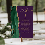Numéro De Table Emerald Green Gold Agate violet Mariage<br><div class="desc">Le bord gauche de cette élégante carte de numéro de table mariage moderne comporte une bordure en aquarelle vert émeraude, ornée d'une parties scintillant en faux or. Le mot "table" apparaît dans un script d'écriture manuscrite de couleur or sur un arrière - plan violet. Ajoutez les noms de vos invités...</div>