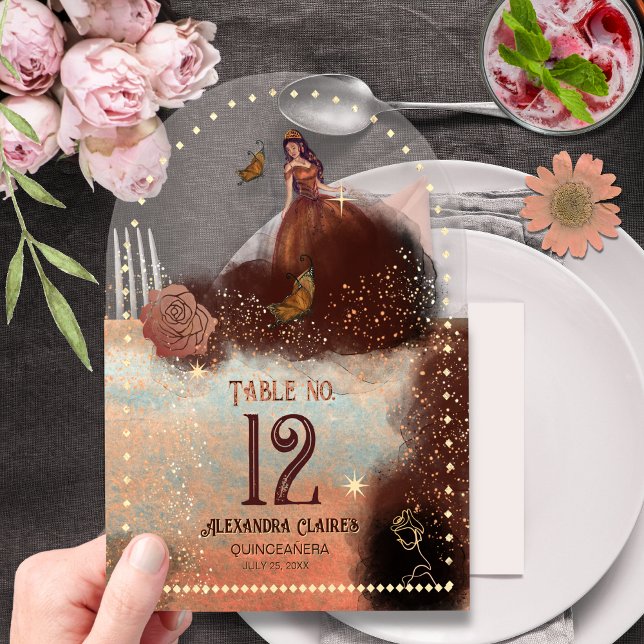 Numéro de table en acrylique Luxe Métallisé Cuivre (Elegant Vintage Copper Rose Arched Acrylic Table Acrylic Invitations- close up)