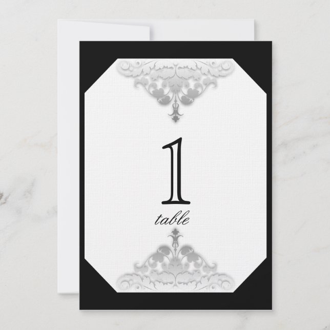 Numéro de table en Damas blanc noir et argenté (Devant)