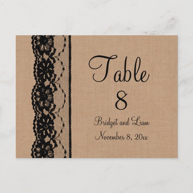 Numéro de table en dentelle noire et toile de jute (Devant)