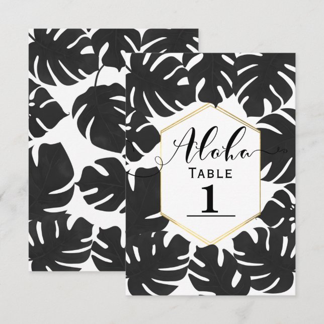 Numéro de table en or blanc avec feuilles tropical (Devant / Derrière)