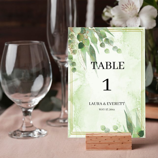 Numéro De Table Eucalyptus Cadre Vert Or Feuillage Aquarelle (Créateur téléchargé)