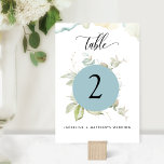 Numéro De Table Eucalyptus Elégant Mariage de verdure, Mist Blue<br><div class="desc">Complétez votre décor de table avec ce beau numéro de table avec l'aquarelle exquise Eucalyptus verdure, les taches délicates d'aquarelle et les détails modernes de calligraphie manuscrite. Capacité de personnalisation avec votre nom et votre événement. REMARQUE : Veuillez passer une commande individuelle pour "chaque" numéro de table dont vous avez...</div>