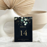 Numéro De Table Eucalyptus Gold Floral Calligraphie Mariage bleu<br><div class="desc">Ce numéro de table mariage bleu calligraphie florale d'eucalyptus est parfait pour un mariage rustique. Cette conception artistique présente des feuilles d'or dessinées à la main et des feuilles d'eau vert eucalyptus dans un arrière - plan bleu foncé, inspirant beauté naturelle. Il s'agit d'un numéro de table recto-verso. Ajoutez chaque...</div>