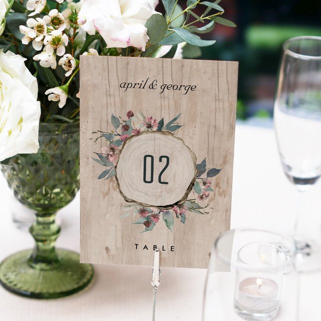 Numéro De Table Eucalyptus rose sauvage en bois rustique Mariage (Créateur téléchargé)