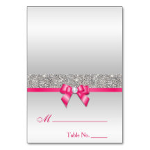 Faux Silver Sequits Hot Rose Bow Place Card