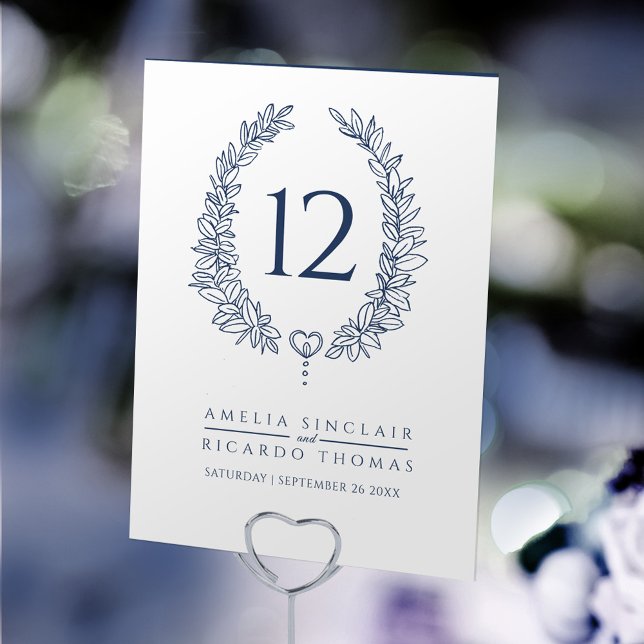 Numéro De Table Feuille de couronne ovale bleu foncé sur mariage b (Créateur téléchargé)