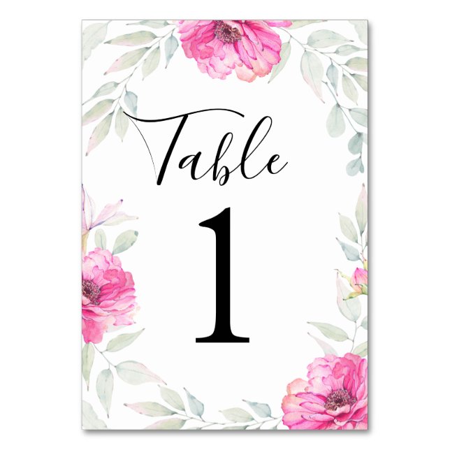 Numéro De Table Feuilles de peinture à l'aquarelle et fleurs roses (Par défaut)