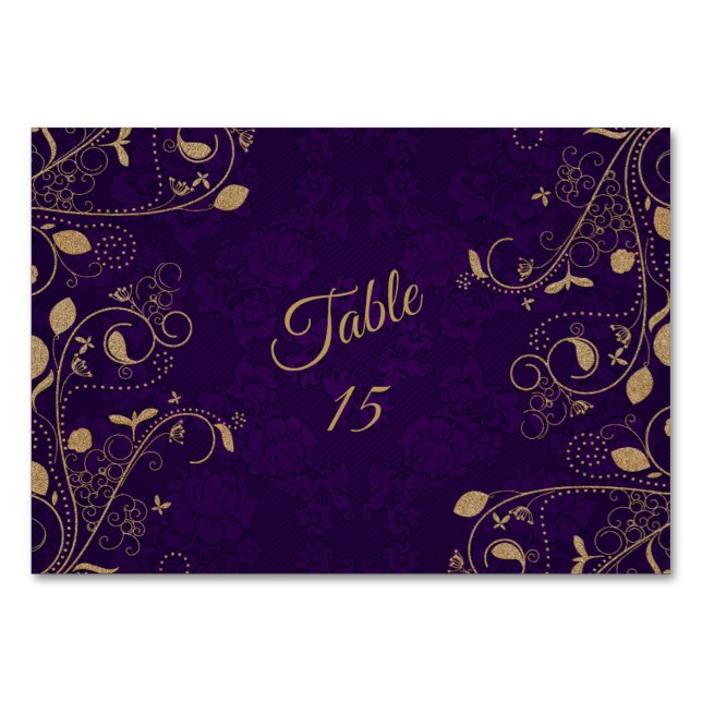 Numéro De Table Feuilles Florales Dorées Mariage Moderne Violet (Dos)