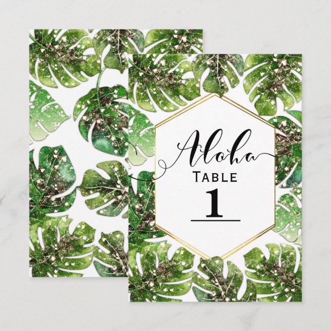 Numéro de table feuilles tropicales paillettes dor (Devant / Derrière)
