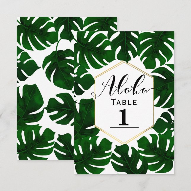 Numéro de table feuilles tropicales vert foncé or  (Devant / Derrière)