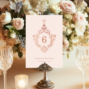Numéro De Table Fille Baptême rose Elégant Rose Croix d'or sur Cre