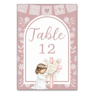 Numéro De Table Fille rose agenouillée Primera Comunion