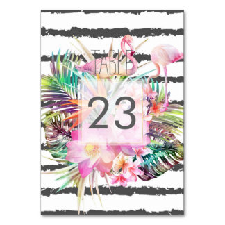 Numéro De Table Flamants floraux tropicaux rayures design mariage
