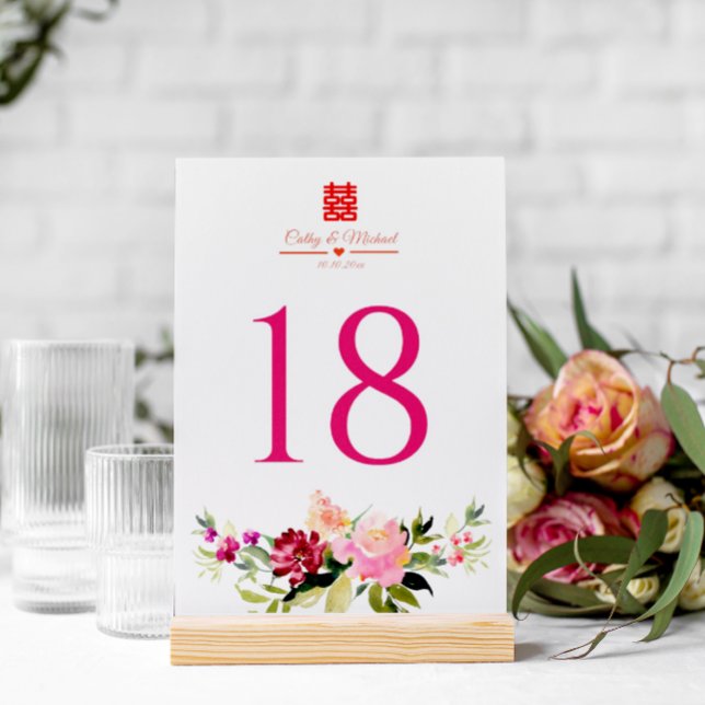 Numéro De Table Fleur aquarelle double bonheur mariage chinois (Créateur téléchargé)