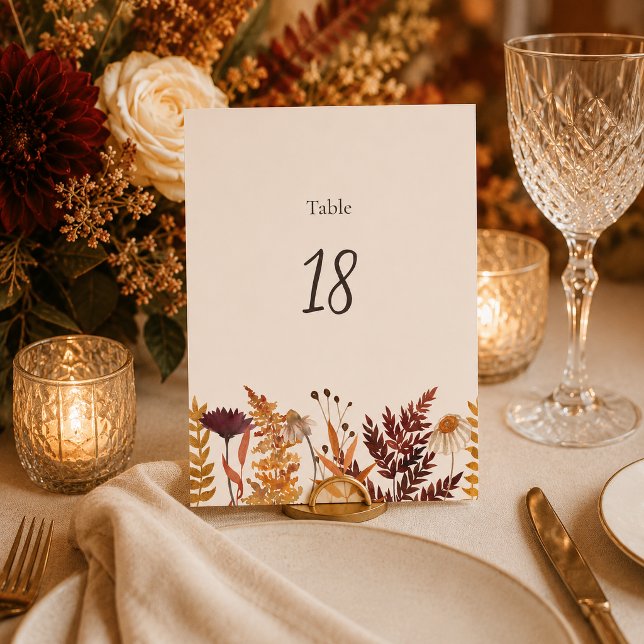 Numéro De Table Fleur sauvage aquarelle bordeaux rouille automne (Créateur téléchargé)