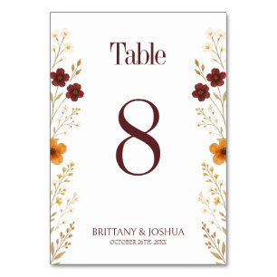 Numéro De Table Fleur sauvage d'automne Elegant Boho Mariage