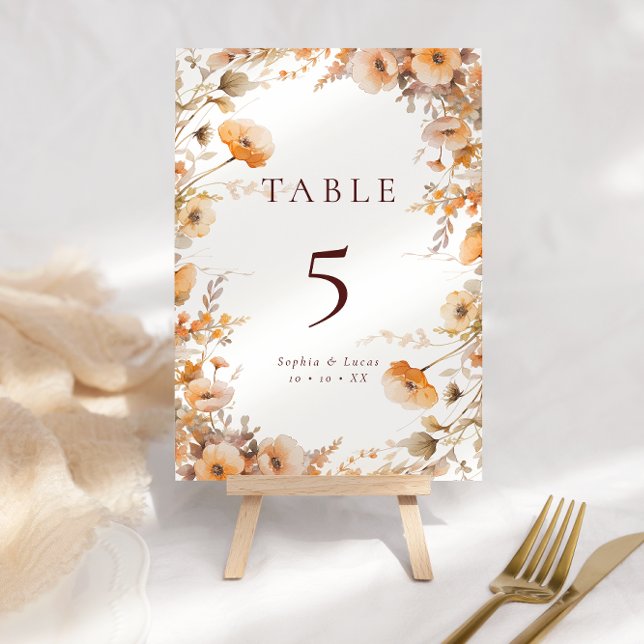 Numéro De Table Fleur sauvage d'automne orange et Mariage Brown (Créateur téléchargé)