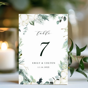 Numéro De Table Fleurs à feuillage persistant et coton Mariage élé