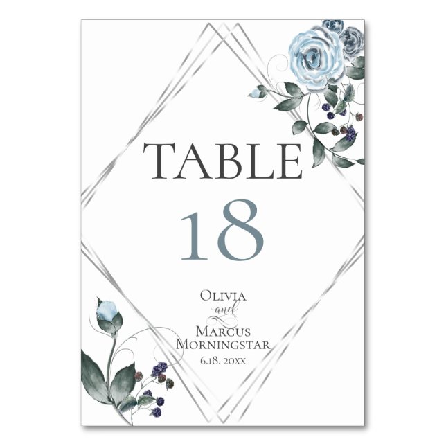 NUMÉRO DE TABLE | Fleurs aquarelle bleu poussiéreu (Par défaut)