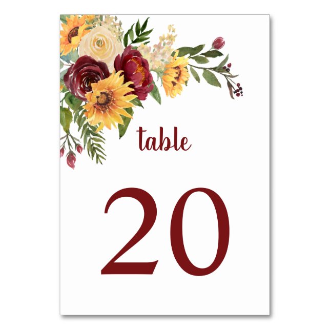 Numéro De Table Fleurs aquarelles bordeaux et tournesols (Par défaut)