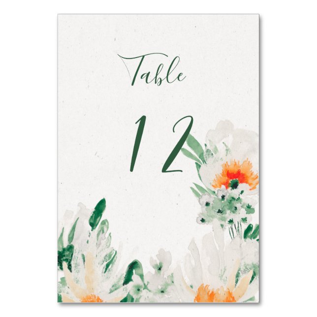 Numéro De Table Fleurs Aquarelles Vert Forêt, Orange, Blanc (Par défaut)