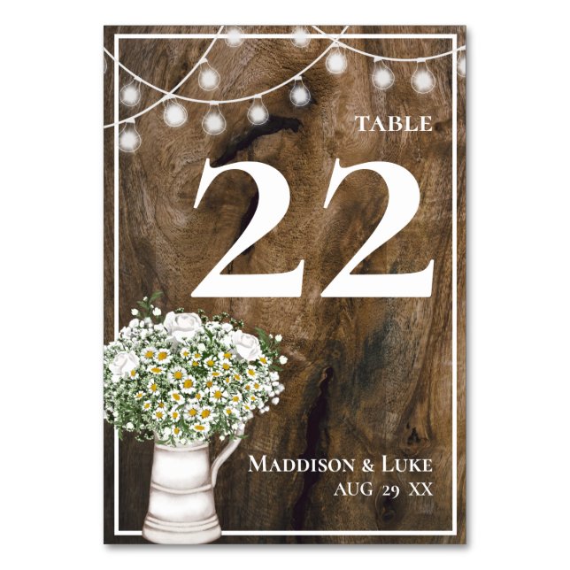 Numéro De Table Fleurs blanches en bois rustique Chaîne de lumière (Par défaut)