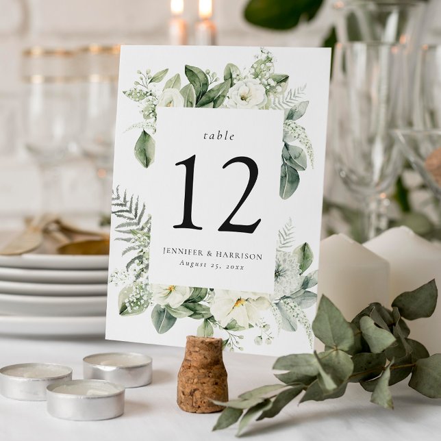 Numéro De Table Fleurs blanches luxuriantes et verdure encadrent l (Créateur téléchargé)