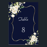 Numéro De Table Fleurs blanches roses aquarelle Cadre vert Mariage<br><div class="desc">Carte élégante avec des fleurs blanches délicates aquarelle et des feuilles vertes,  un cadre doré faux,  un séparateur floral,  sur fond bleu foncé. Utilisez l'outil Personnaliser pour ajouter vos informations,  modifier les polices,  les couleurs des polices. Pour les articles assortis,  veuillez visiter ma collection Fleurs blanches délicates.</div>