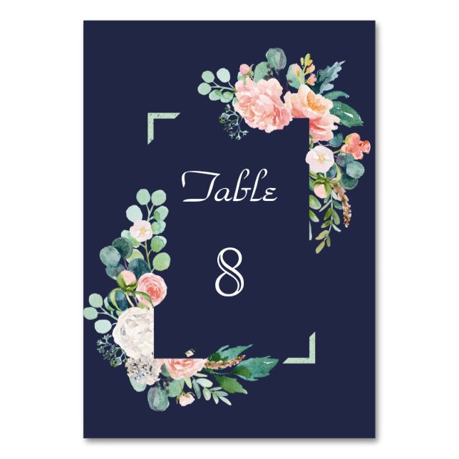 Numéro De Table Fleurs blanches roses aquarelle Cadre vert Mariage (Par défaut)